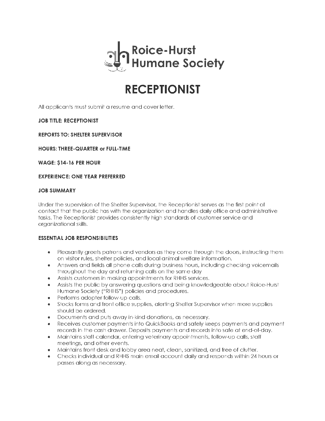 cover letter for front desk receptionist job