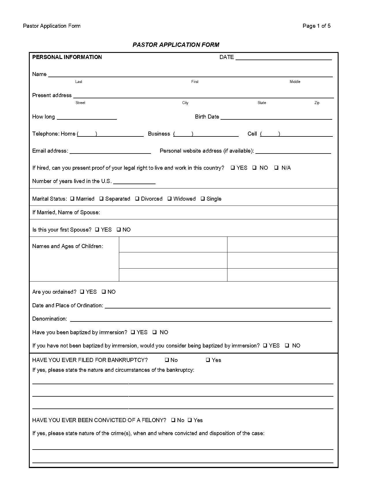 sample church employment application