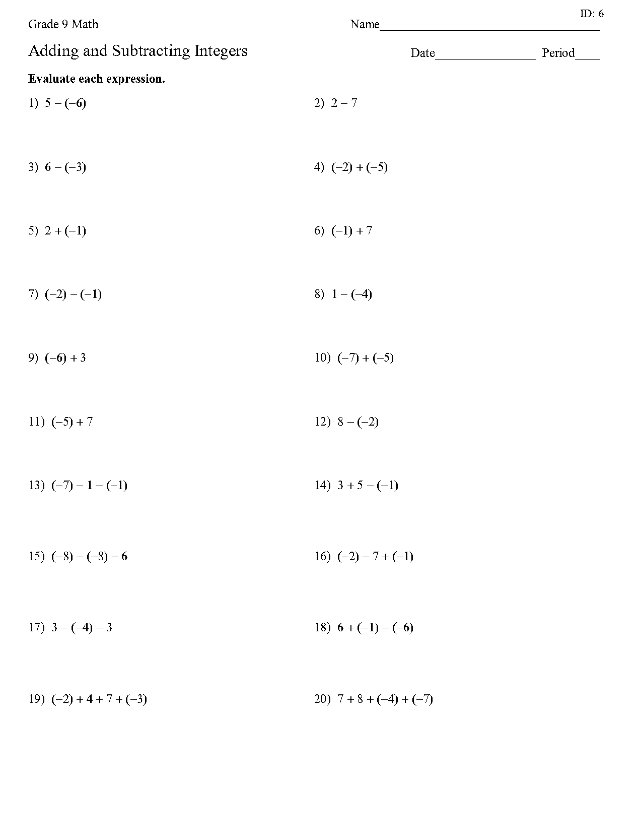 free printable worksheets adding and subtracting integers