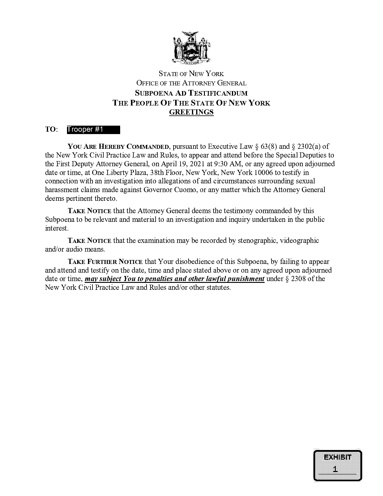 new york subpoena ad testificandum