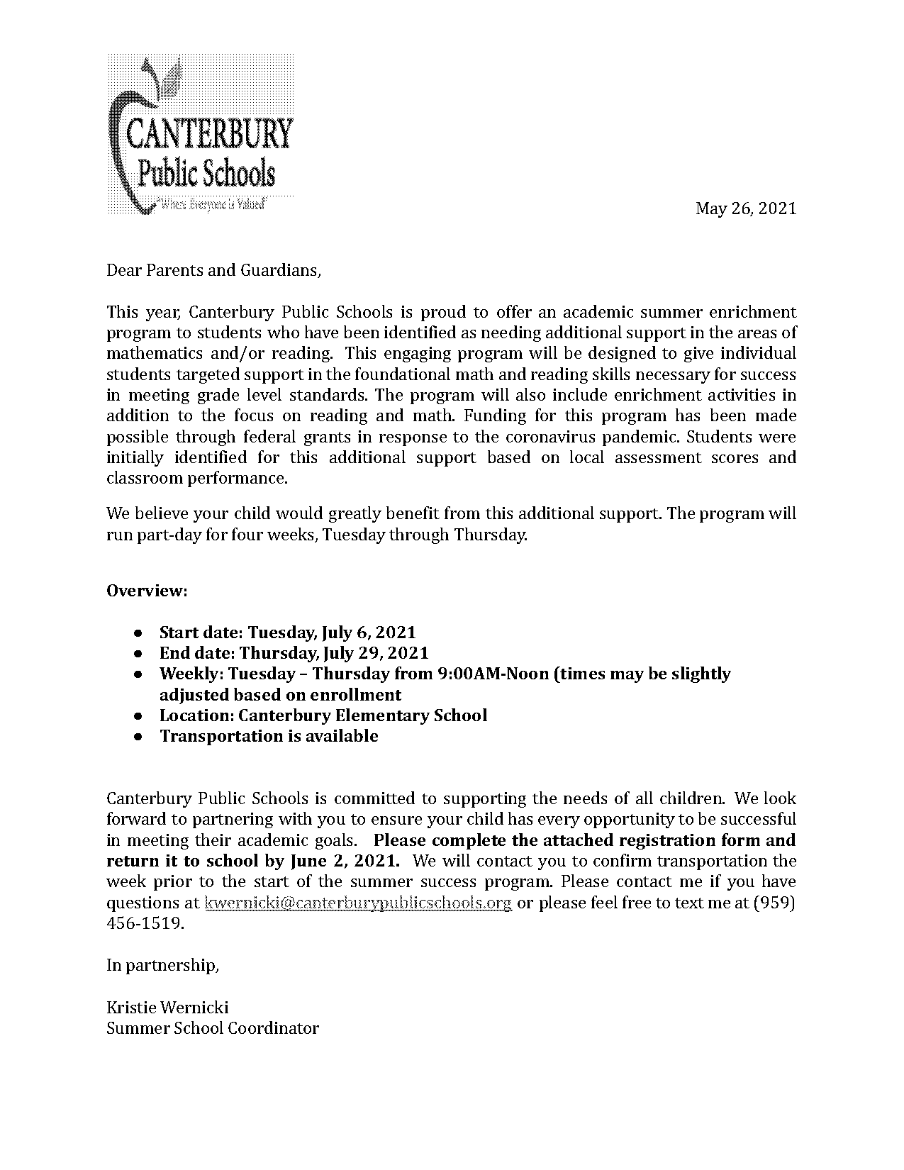 letter to parents about summer school