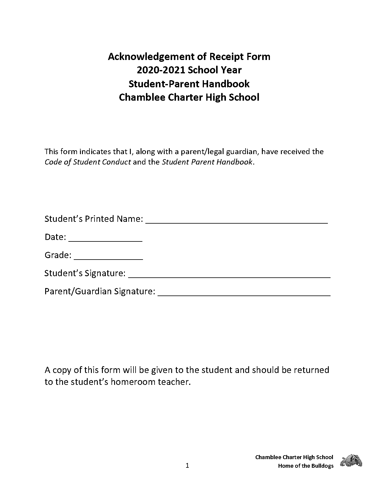 school handbook receipt template