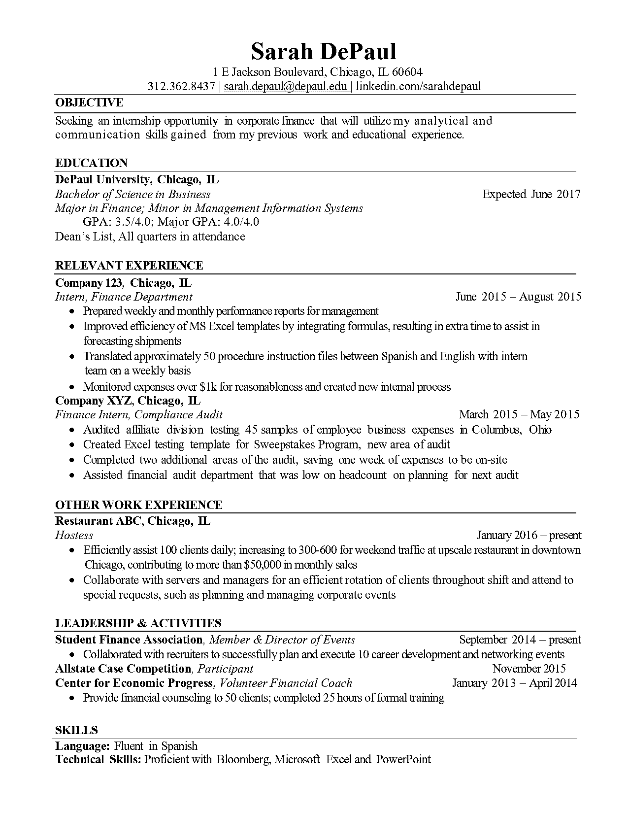 college student resume for finance internship