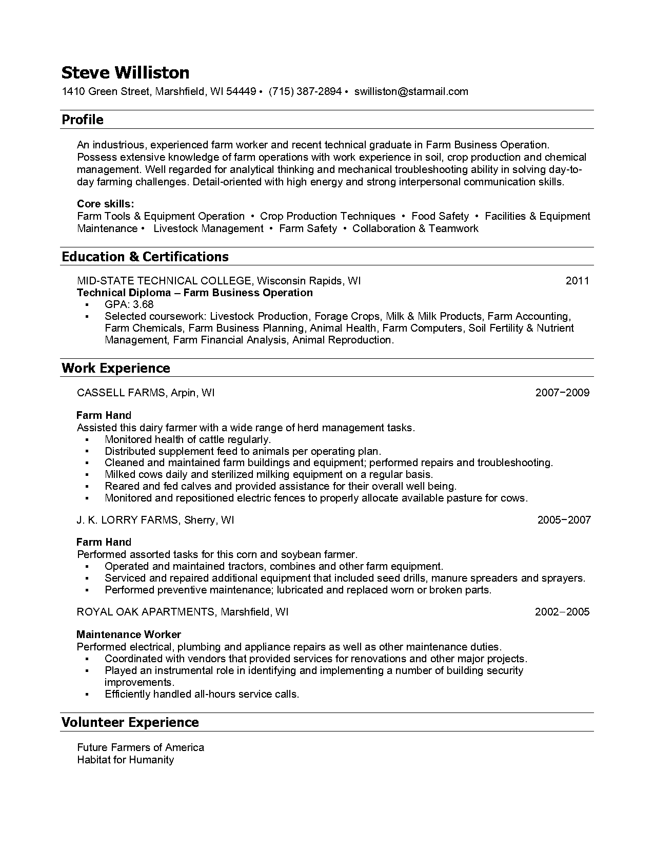 resume for farm work