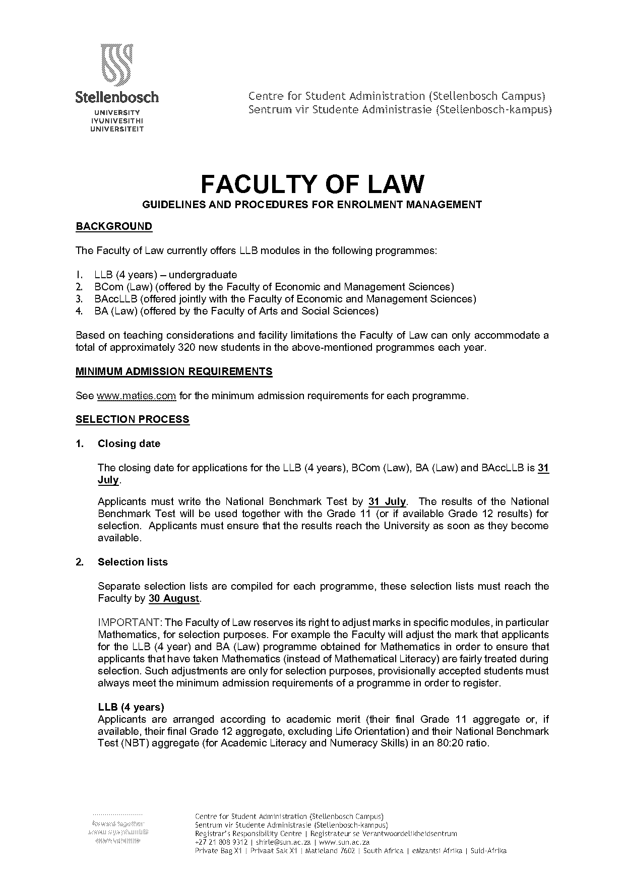 uj law faculty admission requirements