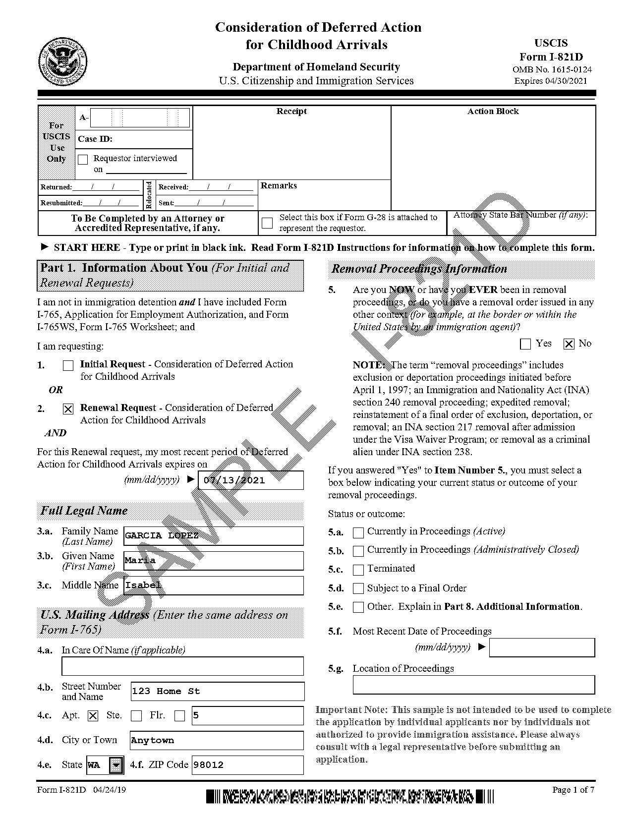 residence and travel information for initial daca request