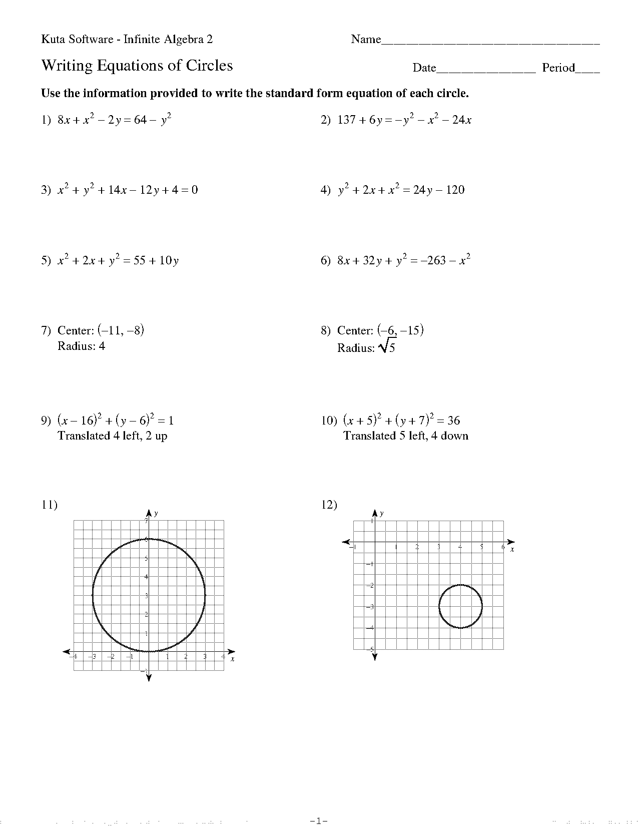 equations of circles assigments worksheet