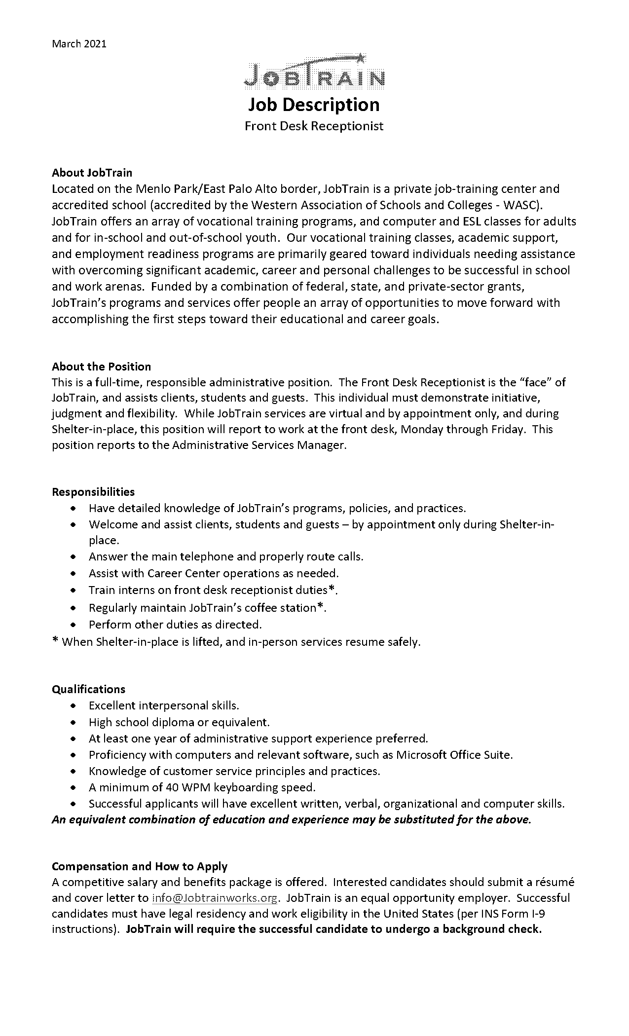 cover letter for front desk receptionist job