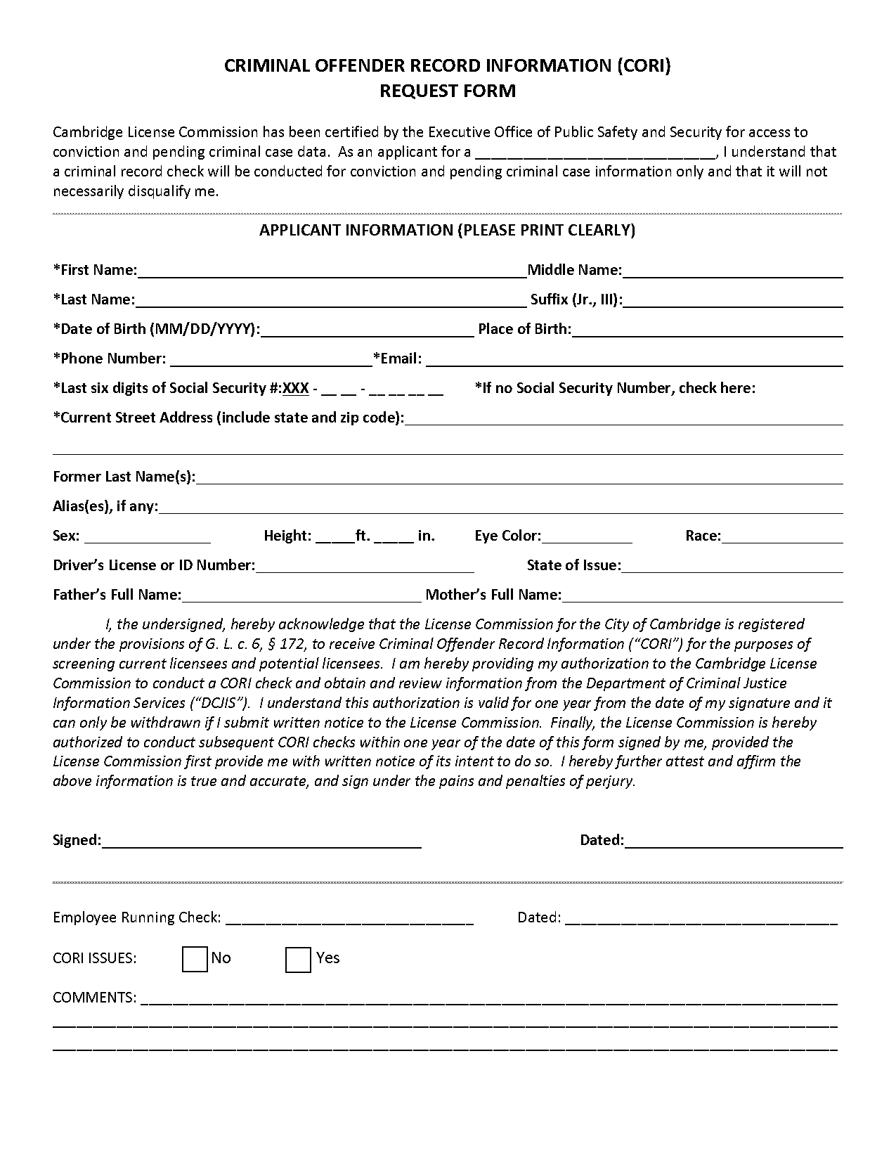 criminal offender record information authorization form