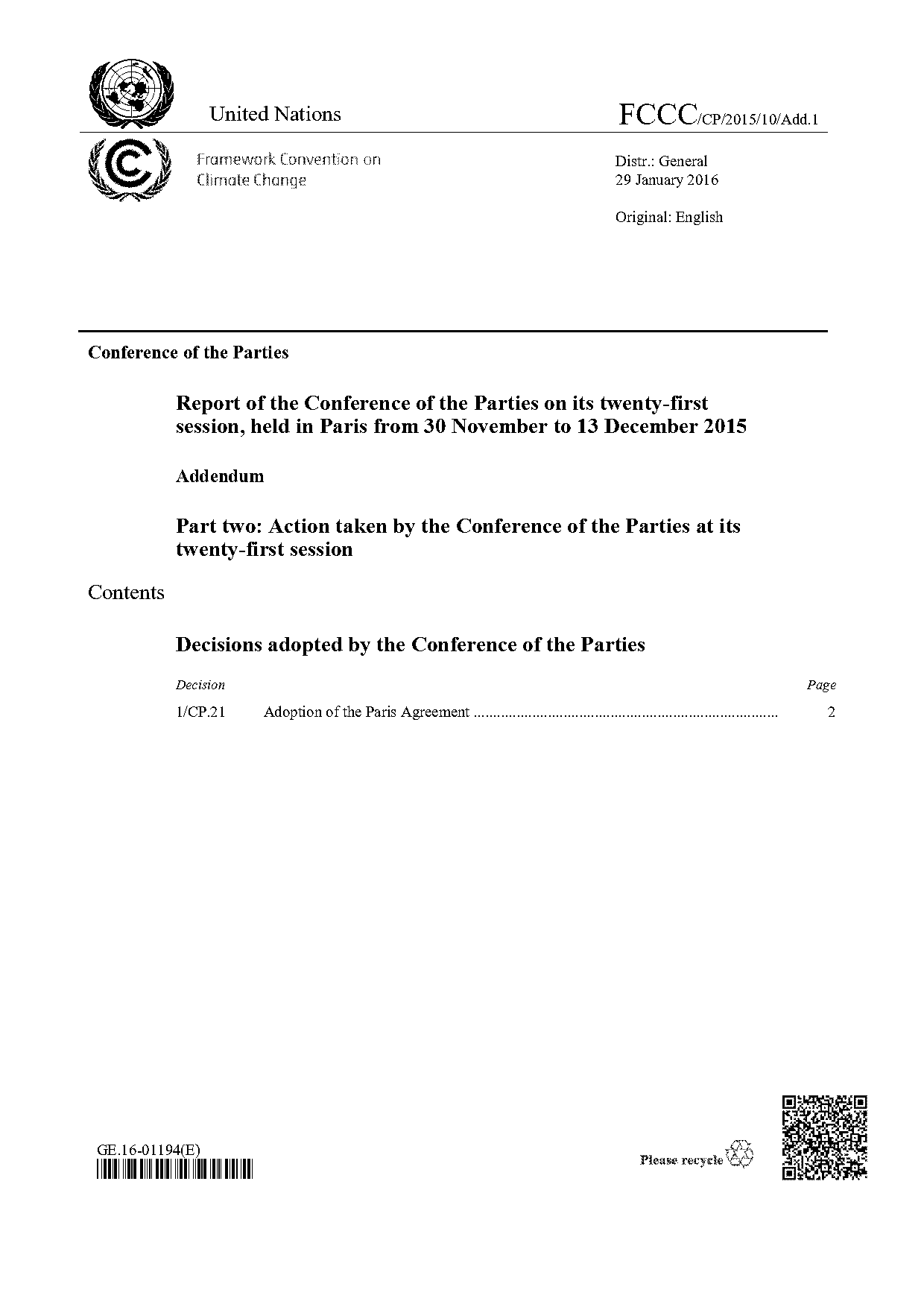 united nations paris agreement document