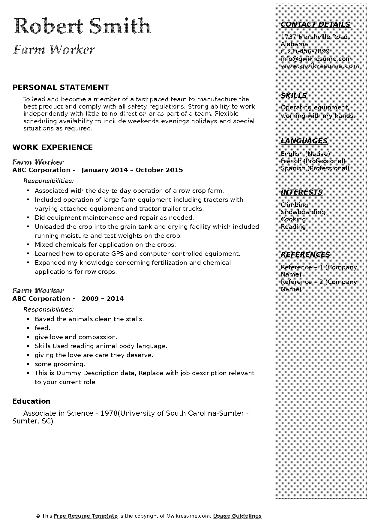 resume for farm work