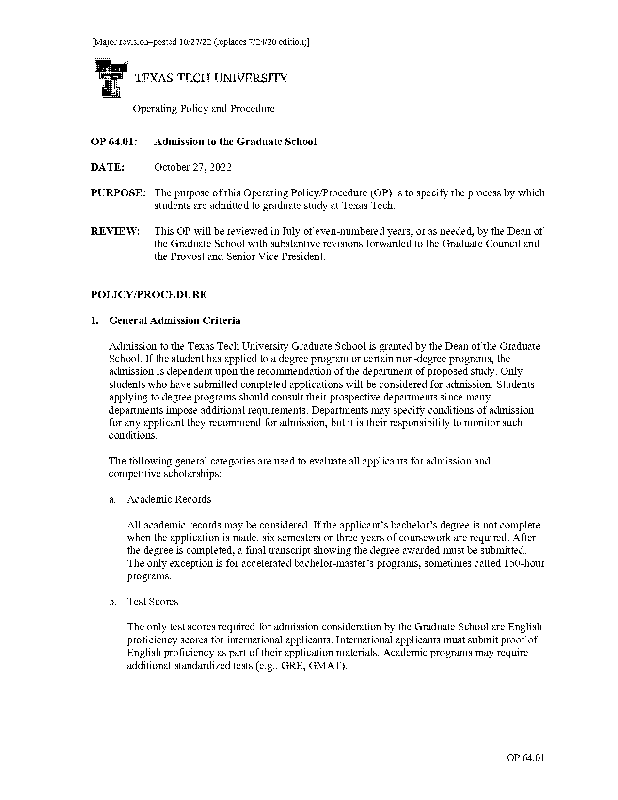 graduate school application texas tech