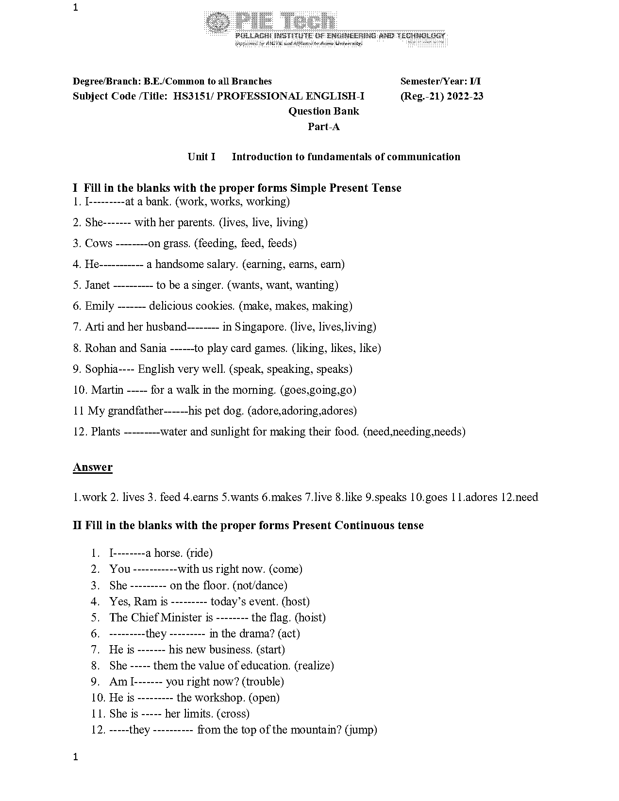 present continuous tense fill in the blank