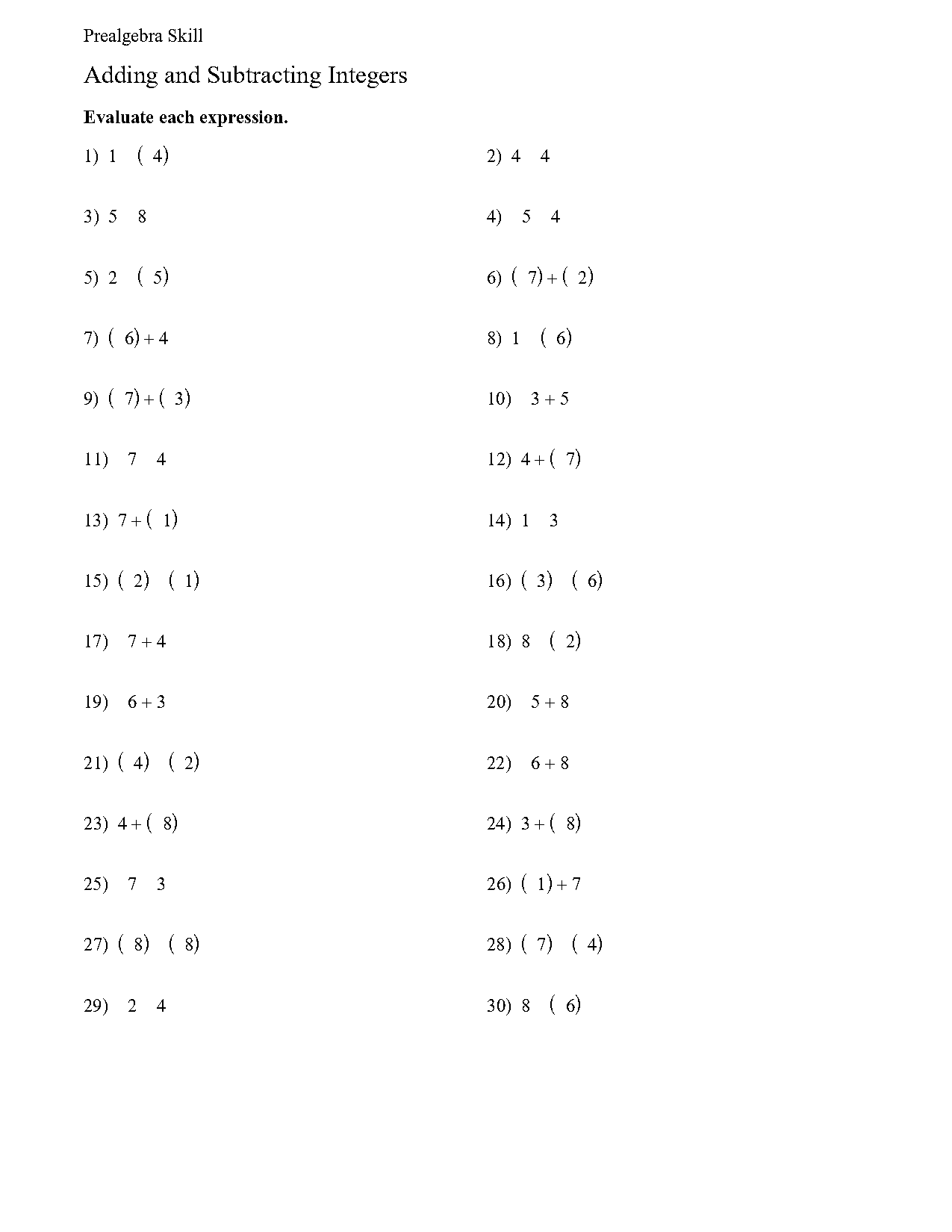 free printable worksheets adding and subtracting integers