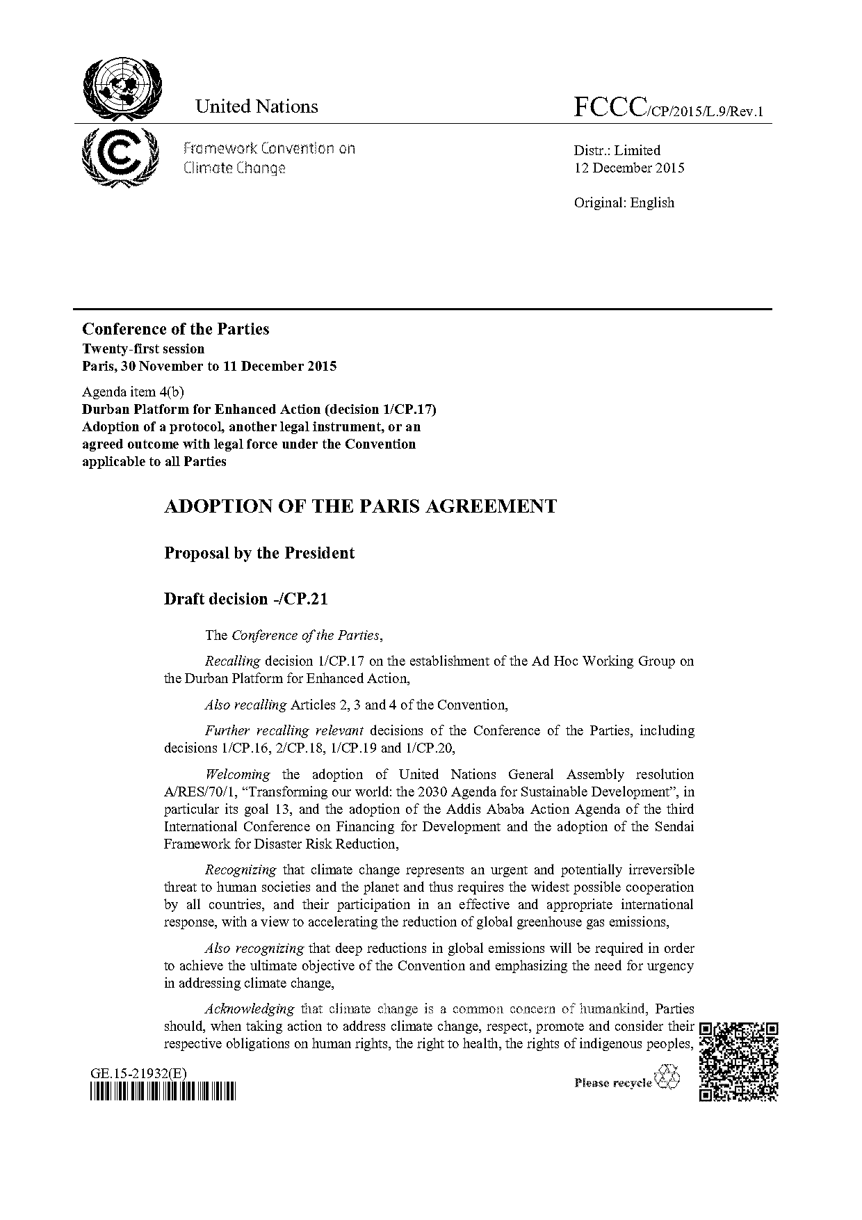 united nations paris agreement document