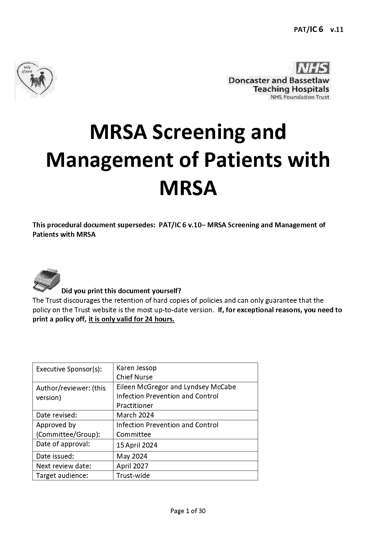 department of health mrsa screening operational guidance