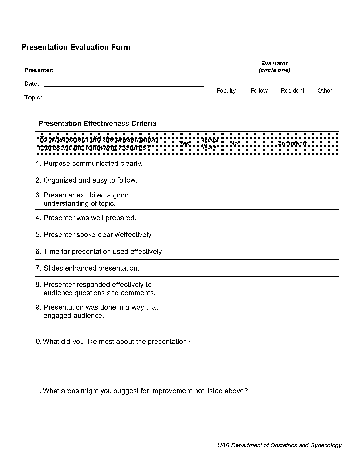 presentation evaluation survey templates