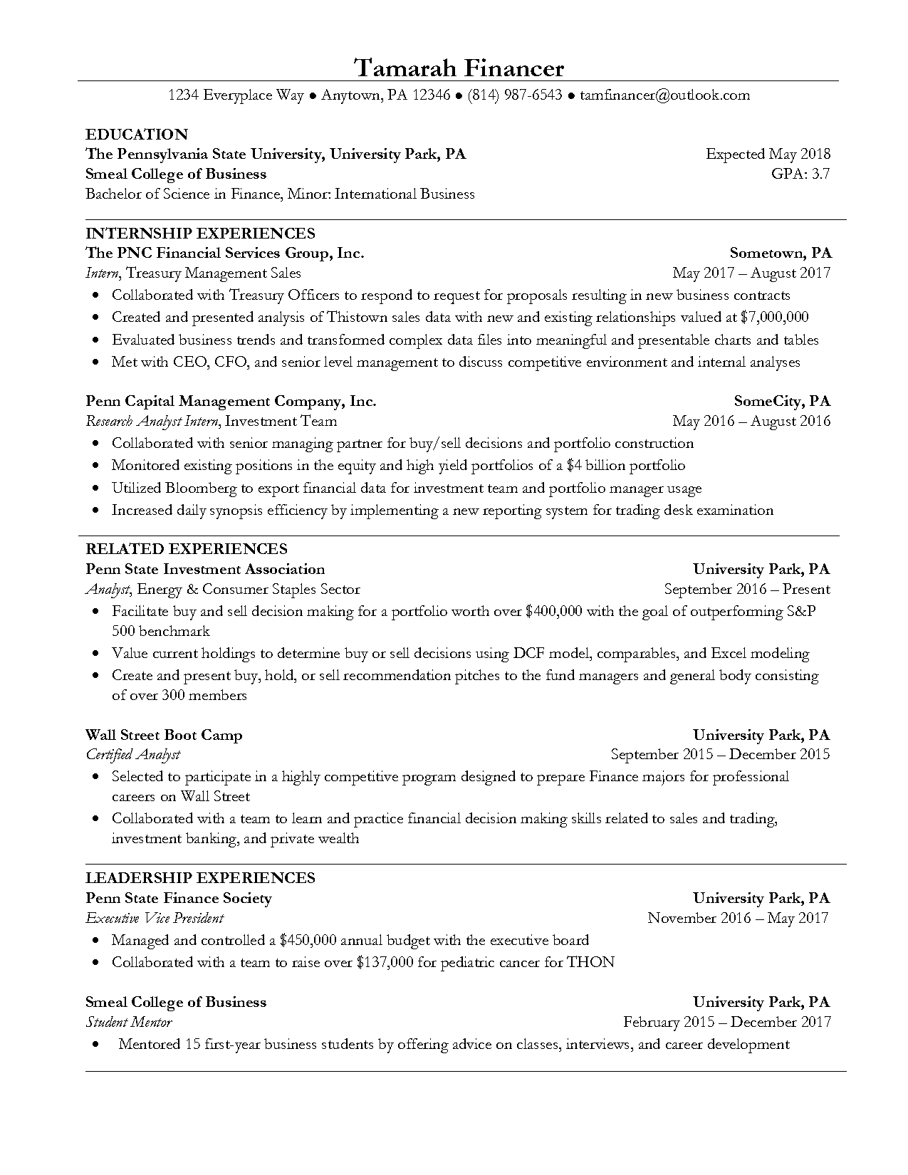 college student resume for finance internship