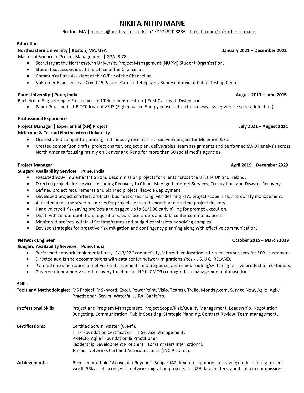 resume created project charter