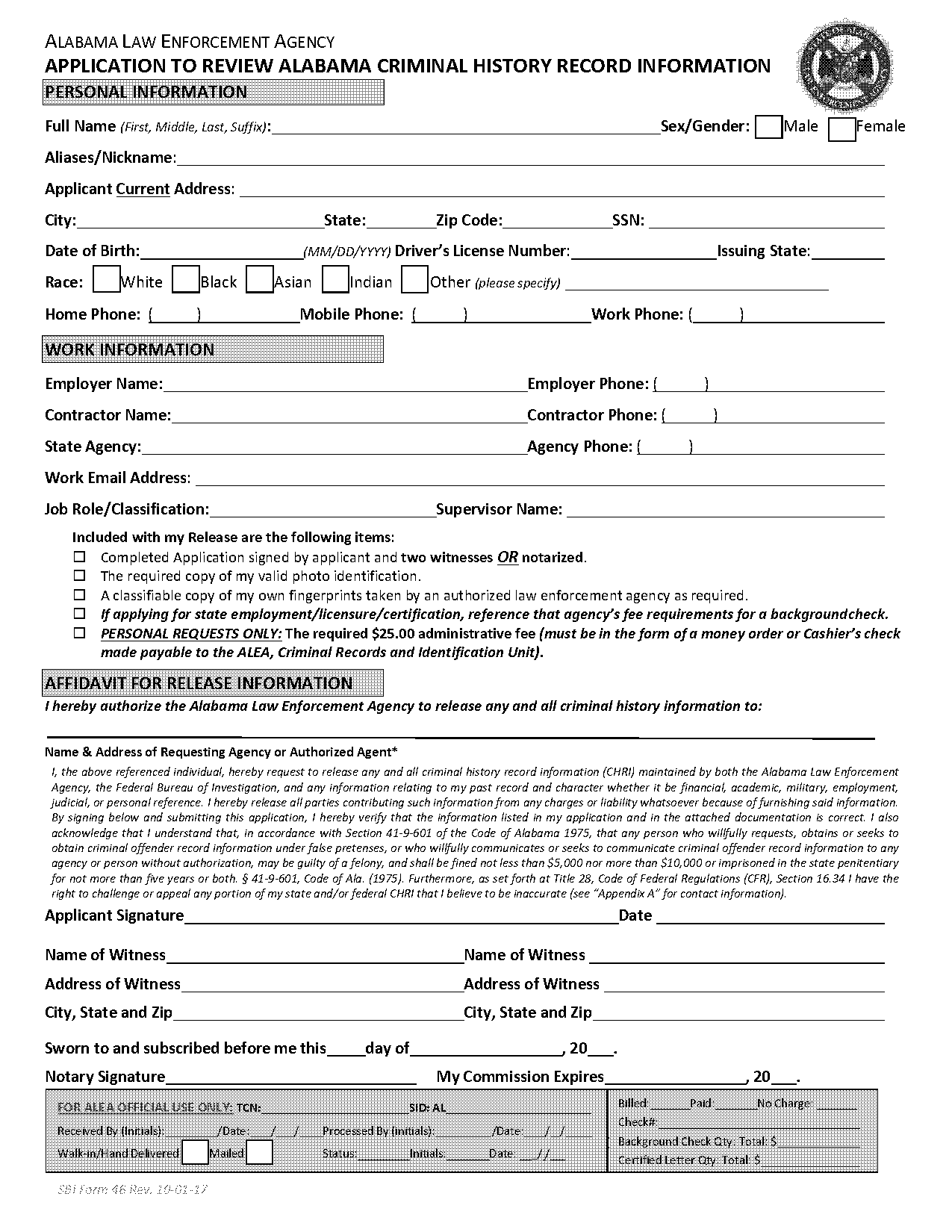 criminal offender record information authorization form